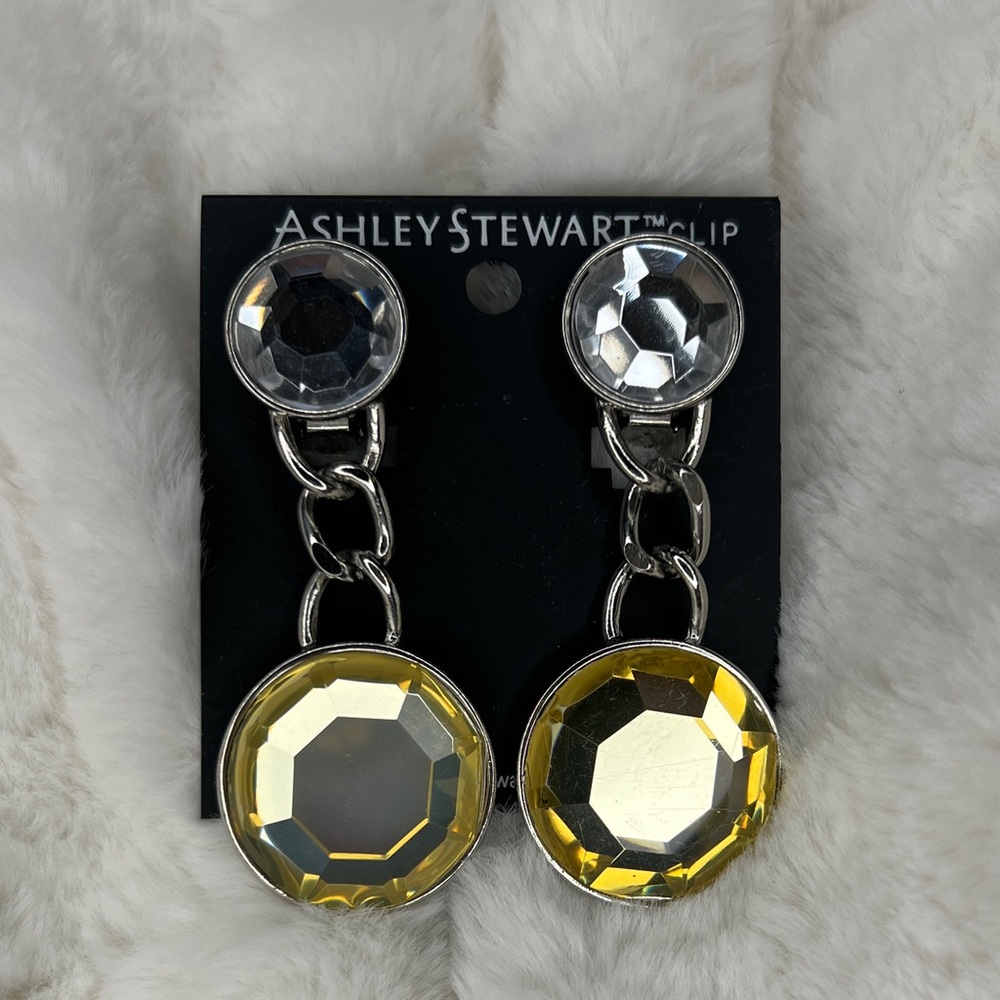 Ashley Stewart Silver and Yellow Gem Earrings clip on